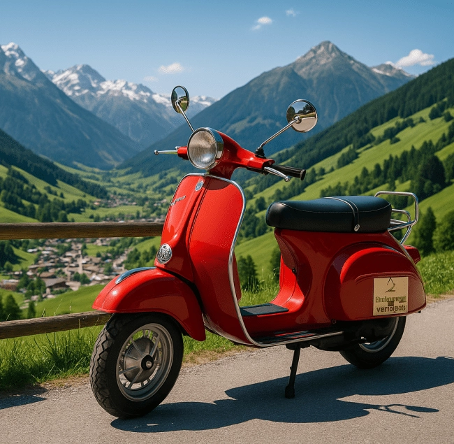 Roter Vespa-Roller in einem malerischen Bergtal geparkt