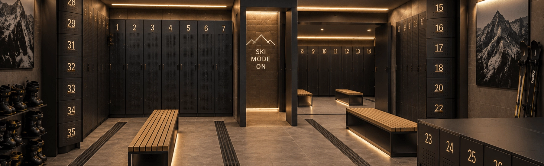 Modern ski depot with lockers and benches